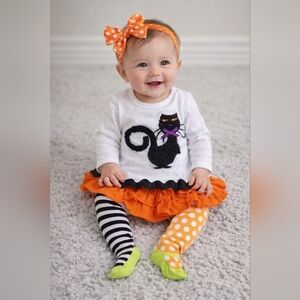 Mud Pie Black Cat Outfut  with Orange Ruffle Skirt Sz 0-6 Months #1821